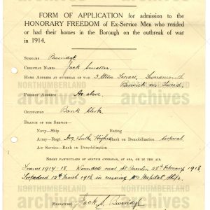 Single Item - Form of application for admission to the honorary freedom of ex-service men who resided or had their homes in the Borough of Berwick-upon-Tweed on the outbreak of war in 1914: Jack Smeaton Beveridge of Tweedmouth