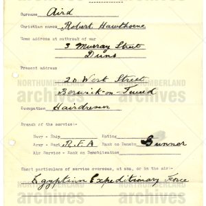 Single Item - Form of application for admission to the honorary freedom of ex-service men who resided or had their homes in the Borough of Berwick-upon-Tweed on the outbreak of war in 1914: Robert Hawthorne Aird of Duns